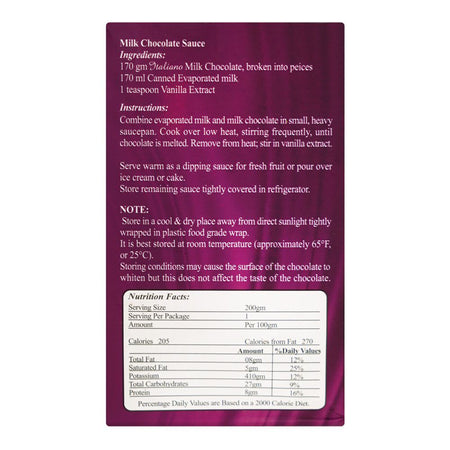 Italiano Cooking Chocolate, Smooth Milk Chocolate, 220g - Image 2