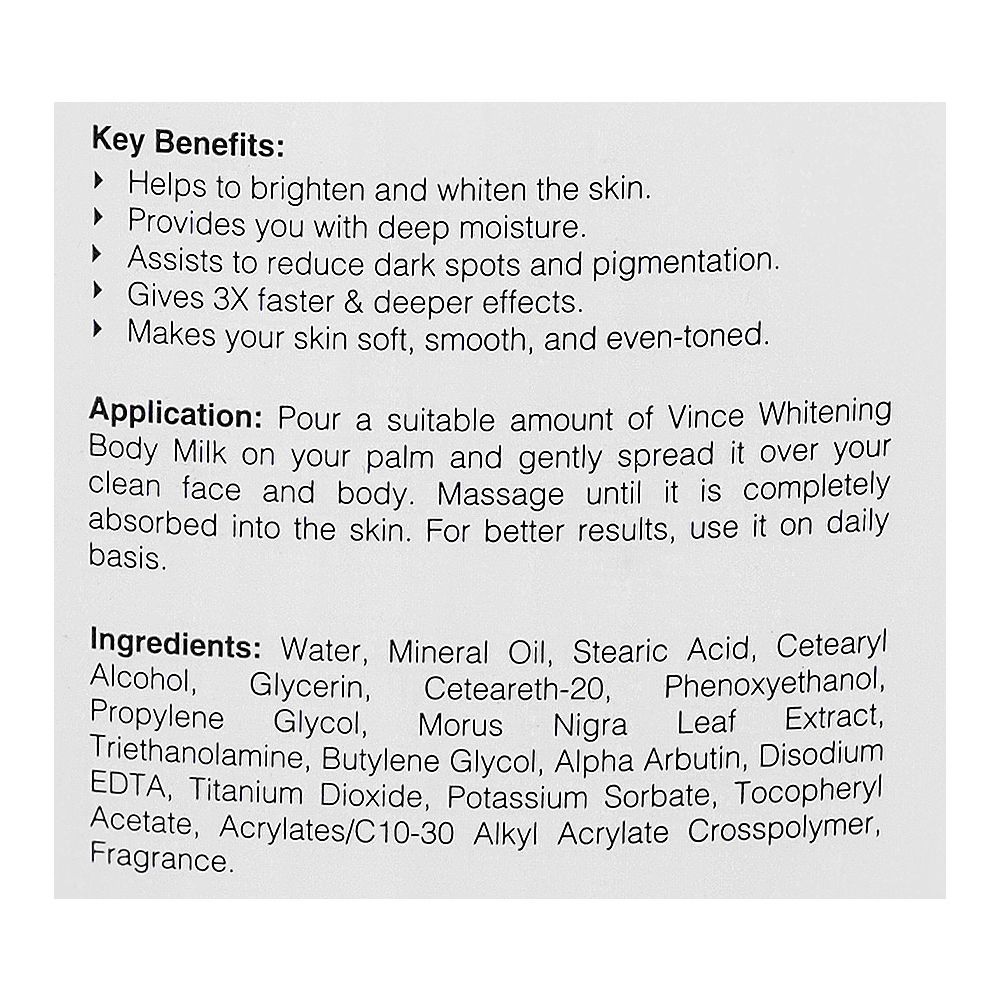 Vince Alpha Arbutin Whitening Body Milk, For All Skin Types, 300ml - Image 3