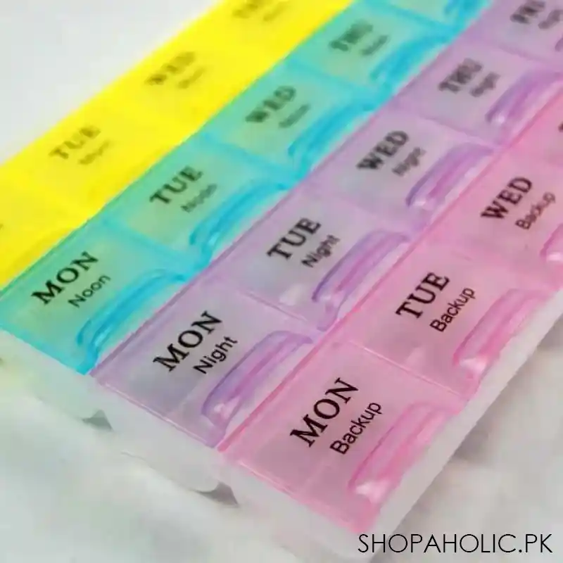 weekly pill organizer with 28 compartments (7days morning, 7days noon, 7days night, and 7days backup) image2