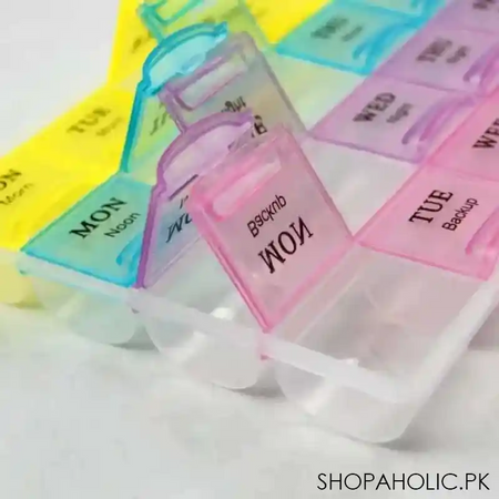 weekly pill organizer with 28 compartments (7days morning, 7days noon, 7days night, and 7days backup) image3