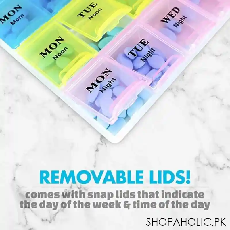 weekly pill organizer with 28 compartments (7days morning, 7days noon, 7days night, and 7days backup) image4