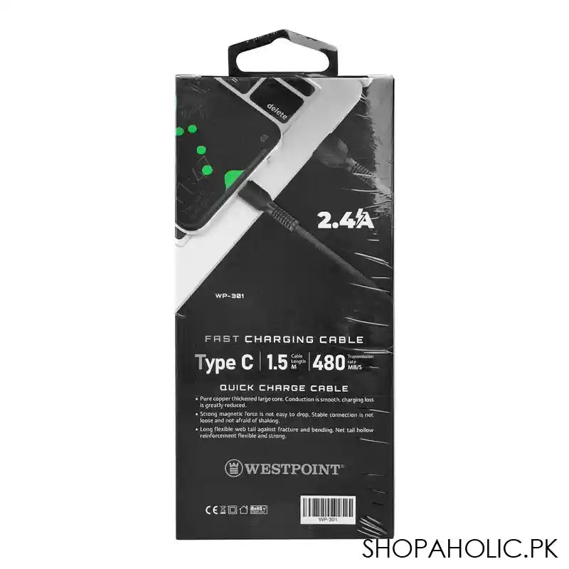 West Point 2.4A Type C Fast Charging Cable, Black, WP-301 - Image 2