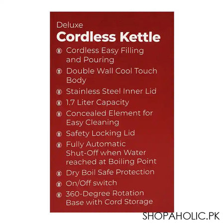 West Point Deluxe Cordless Kettle, 1.7 Liter, Stainless Steel Inner Lid, Dry Boil Protection, WA-6170 - Image 4
