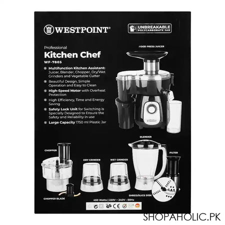 West Point Professional Kitchen Chef Food Processor, Black, 450W, WF-7805 - Image 3