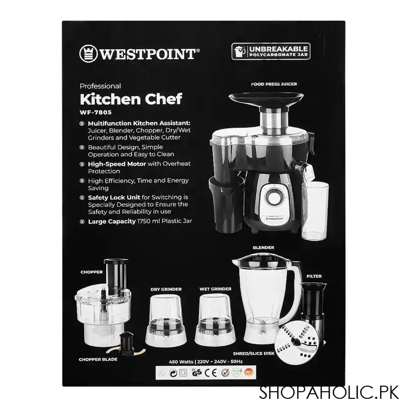 West Point Professional Kitchen Chef Food Processor, Black, 450W, WF-7805 - Image 3