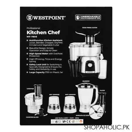 West Point Professional Kitchen Chef Food Processor, Grey, 450W, WF-7806 - Image 2