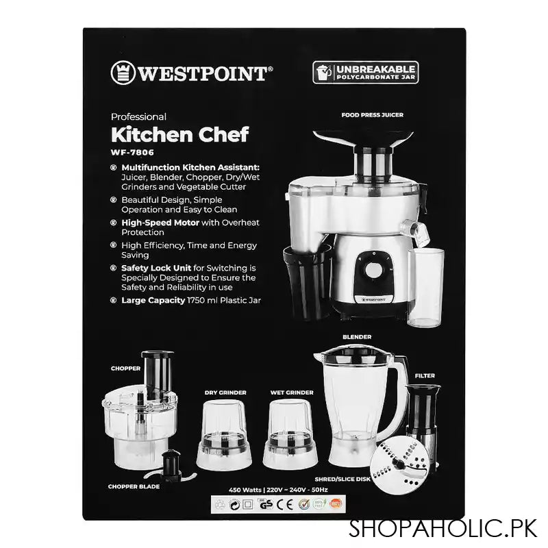 West Point Professional Kitchen Chef Food Processor, Grey, 450W, WF-7806 - Image 2
