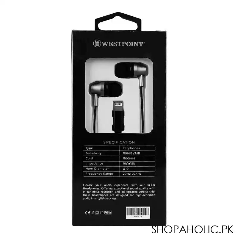 West Point Ultimate Stereo Lightening Earphones, Black, WP-413 - Image 2