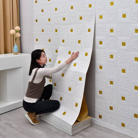 (pack of 4) 3d white bricks with golden spot wallpaper sticker main image