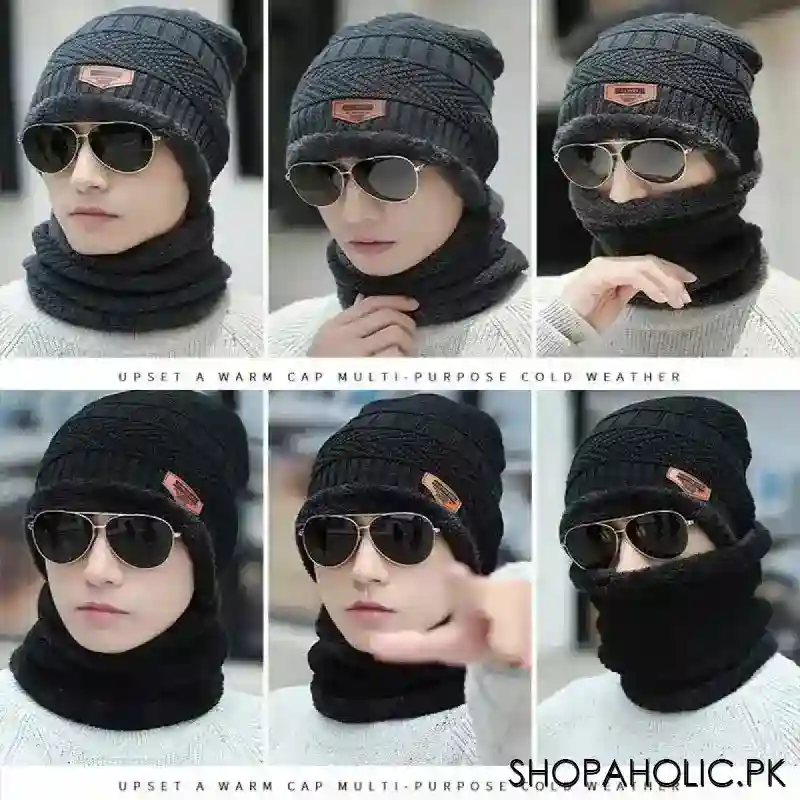 winter thick warm knit beanie hat cap + neck cover set for men and women image2