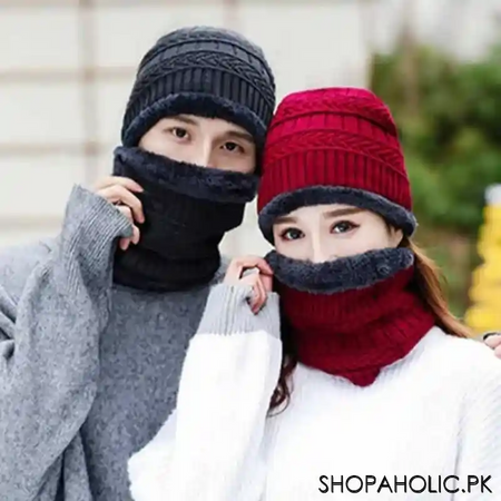 winter thick warm knit beanie hat cap + neck cover set for men and women main image