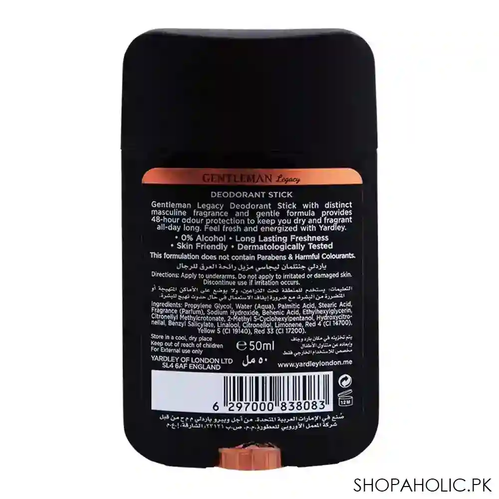 yardley gentleman legacy deodorant stick, 0% alcohol, 50ml image2