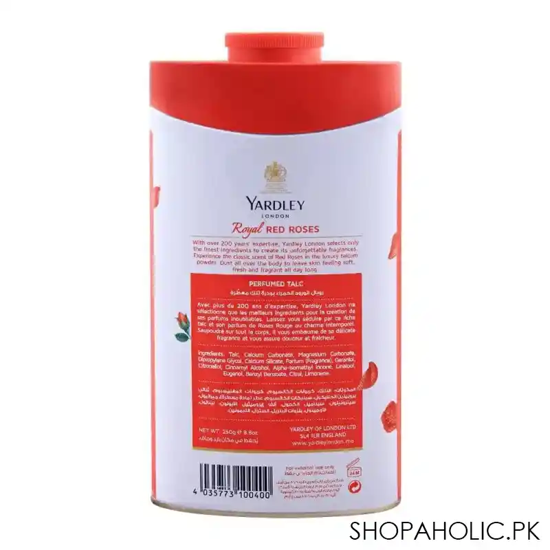 yardley royal red roses perfumed talcum powder, 250g image2