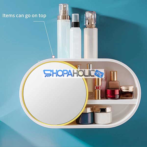 Wall Mounted Cosmetic Storage Organizer with Sliding Mirror