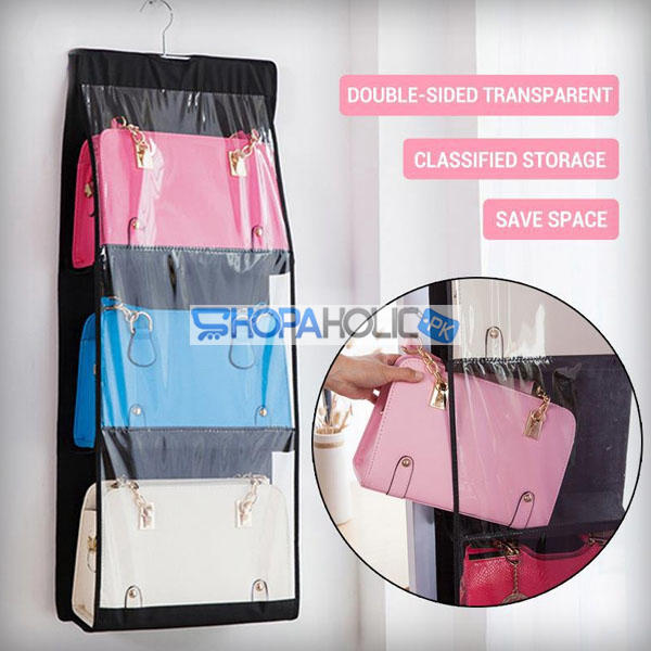 Double Sided Transparent Six Pocket Handbags Storage Organizer (100 GSM + .14mm PVC)