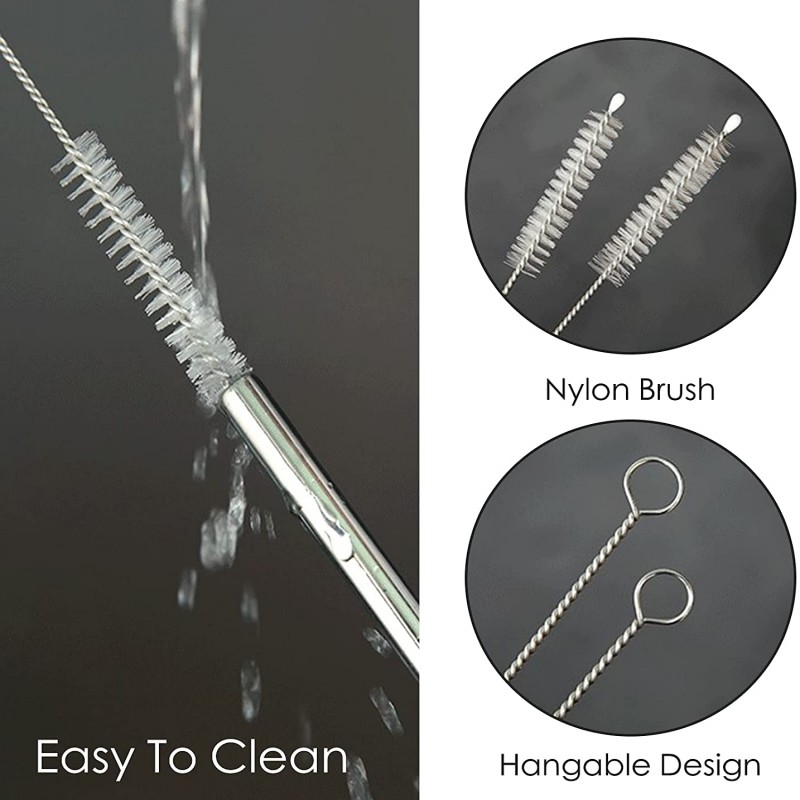 (Set Of 3) Reusable Stainless Steel Metal Straws Bent With Cleaning Brush