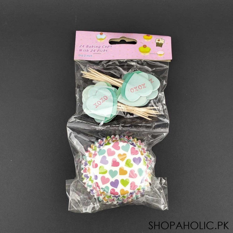 Cupcake Baking Liners and Heart Topper Picks (24 Cups with 24 Picks)