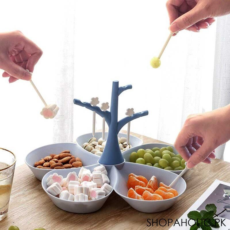 5 Compartments Fruit Serving Tray with Fork Tree Set