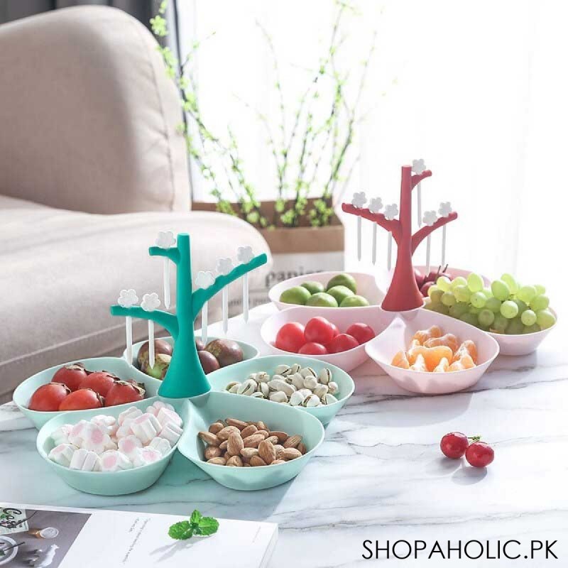 5 Compartments Fruit Serving Tray with Fork Tree Set