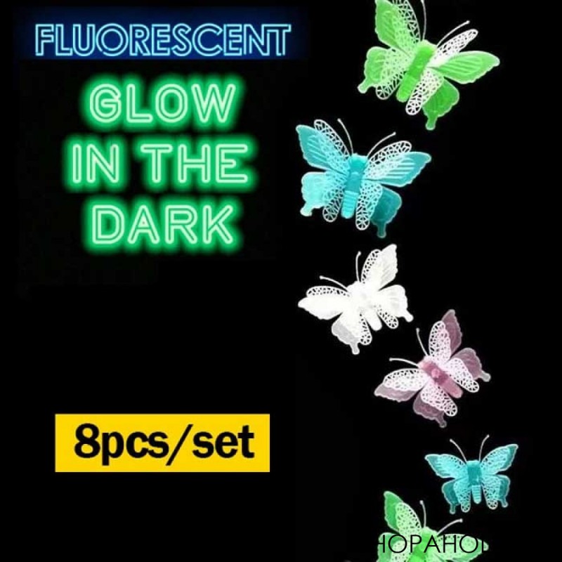Set of 8 Fluorescent Luminous 3D Butterfly