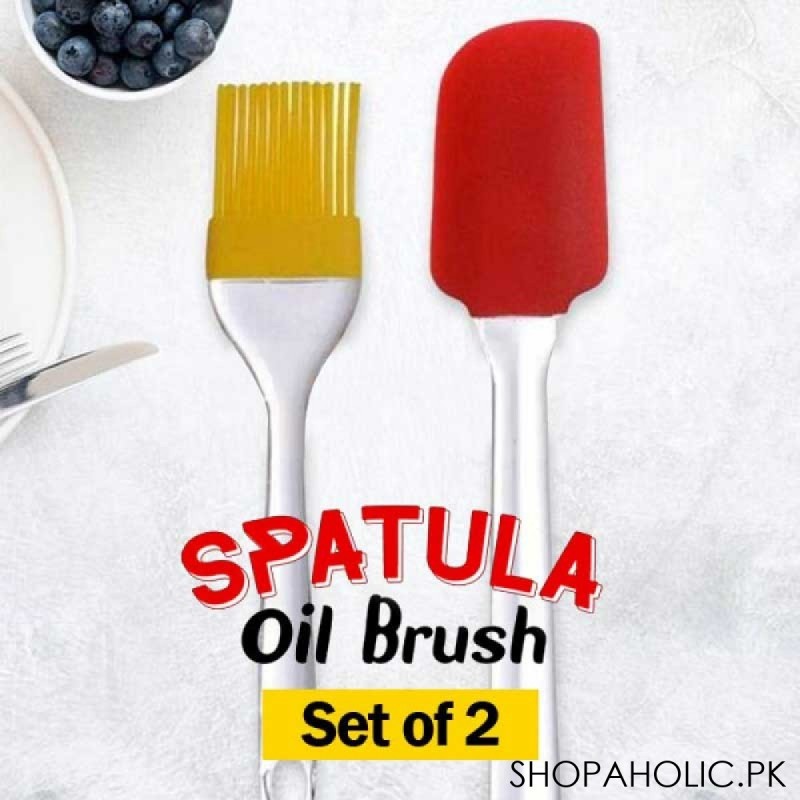 (Set of 2) Silicone Spatula and Brush Set with Plastic Handle