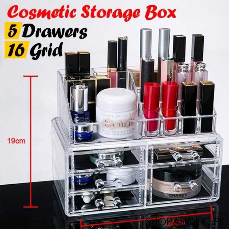 Acrylic Cosmetic Storage Box 5 Drawers With 16 Grid Organizer