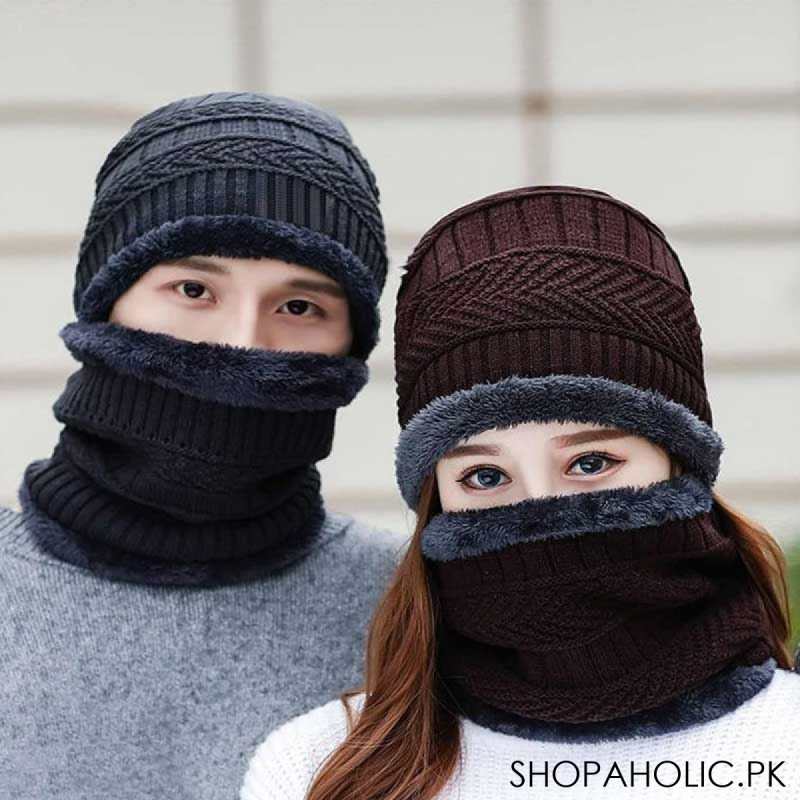 Winter Thick Warm Knit Beanie Hat Cap + Neck Cover Set for Men and Women