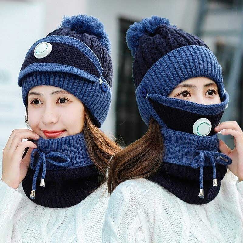 3PCS Women Winter Scarf Set With Filter Thickend Knitted Hat Scarf Face Cover Outdoor