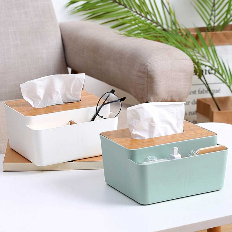 Tissue Box Bamboo Lid with Multifunctional Storage Box for Home and Office