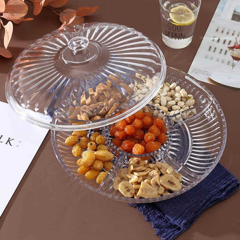 6-Section Acrylic Candy Dry Fruit Dish Snack Serving Tray with Lid