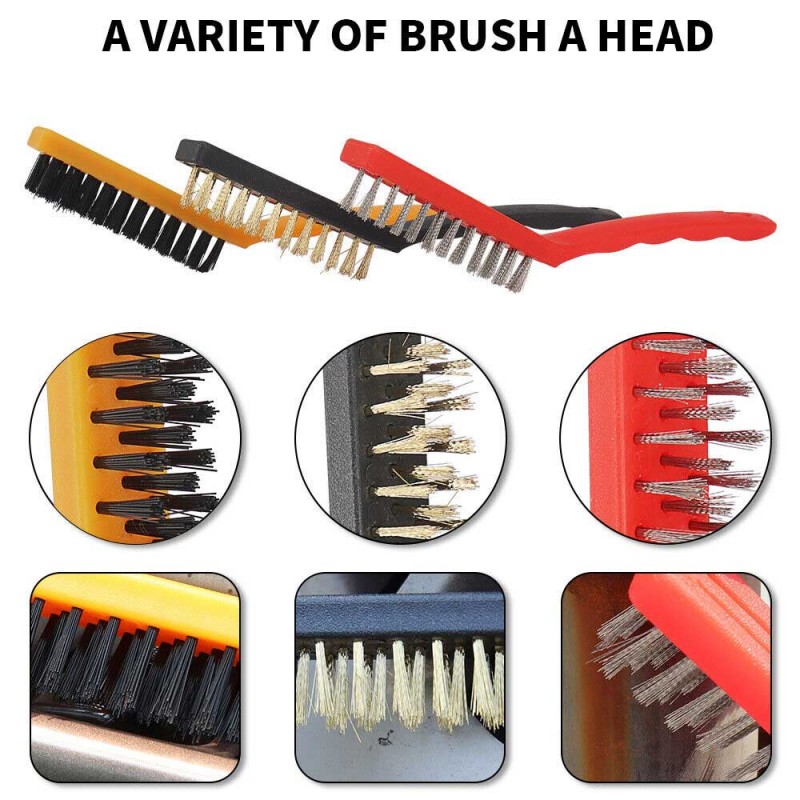 (Set of 3) Stainless Steel, Brass, Nylon, Wire Brush Set Rust Remove Cleaner