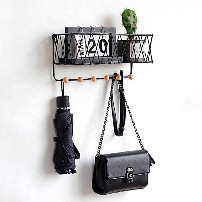 Wall-Mounted Metal Wire Storage Rack with Six Hooks for Kitchen and Bathroom Shelf Organizer