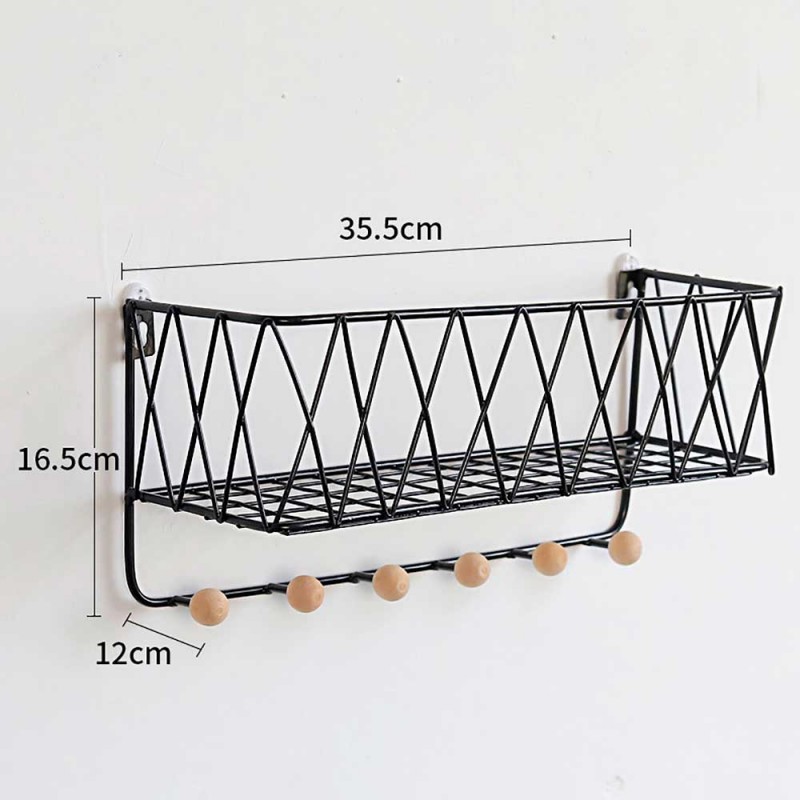 Wall-Mounted Metal Wire Storage Rack with Six Hooks for Kitchen and Bathroom Shelf Organizer