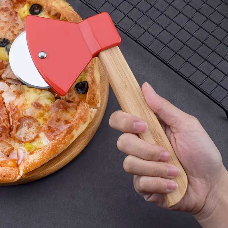 Stainless Steel Bamboo Handle Axe Type Pizza Roller Cutter