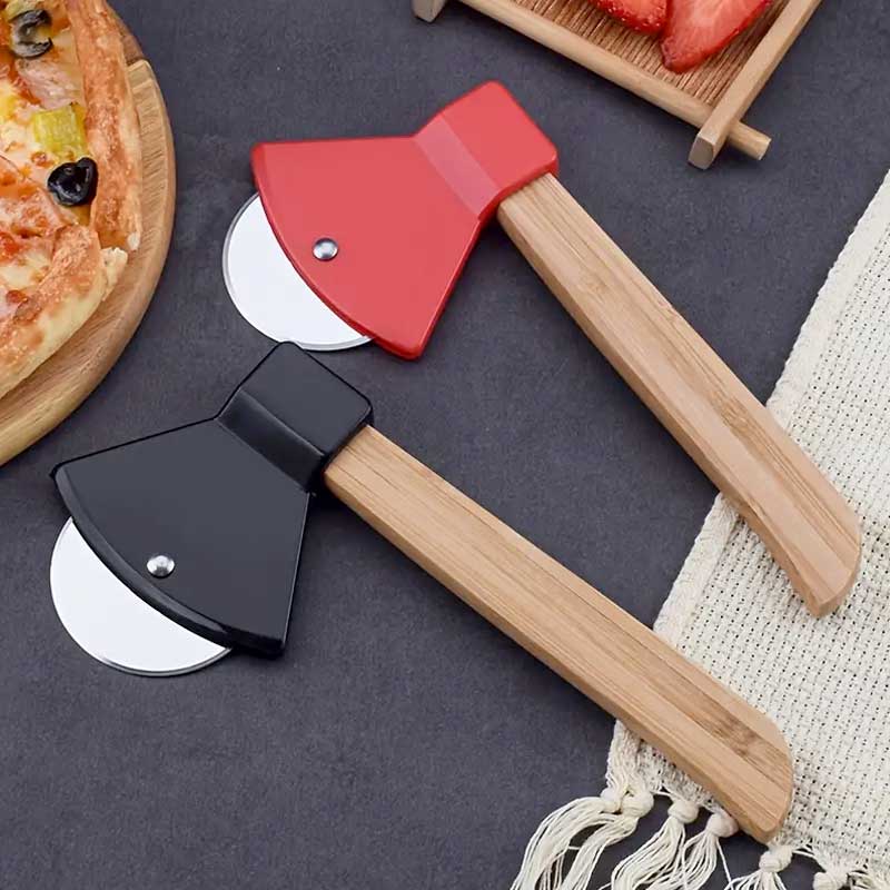Stainless Steel Bamboo Handle Axe Type Pizza Roller Cutter