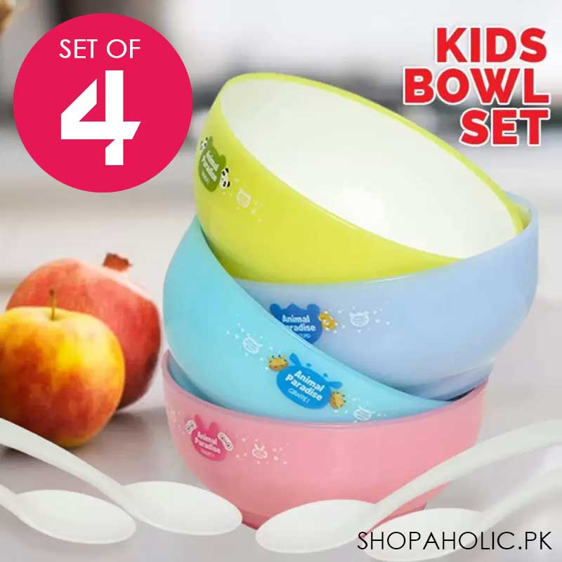 (Set of 4) Animal Paradise Cartoon Bowls with Spoons for Kids
