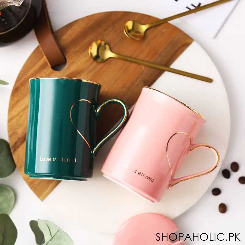 (Set of 2) Heart Pattern Ceramic Love Couple Mug Set with Lid and Spoon