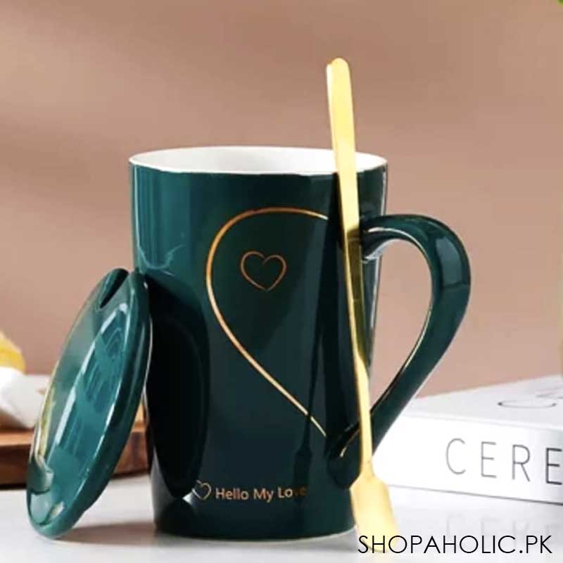 (Set of 2) Heart Pattern Ceramic Love Couple Mug Set with Lid and Spoon