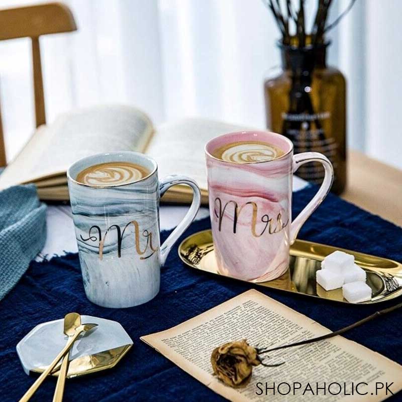 (Set of 2) Mr. and Mrs. Marble Couple Mug Set with Lid and Spoon