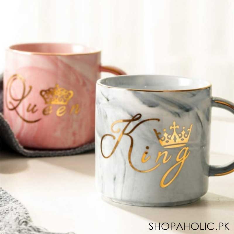 (Set of 2) King and Queen Ceramic Marble Pattern Mug with Lid Spoon