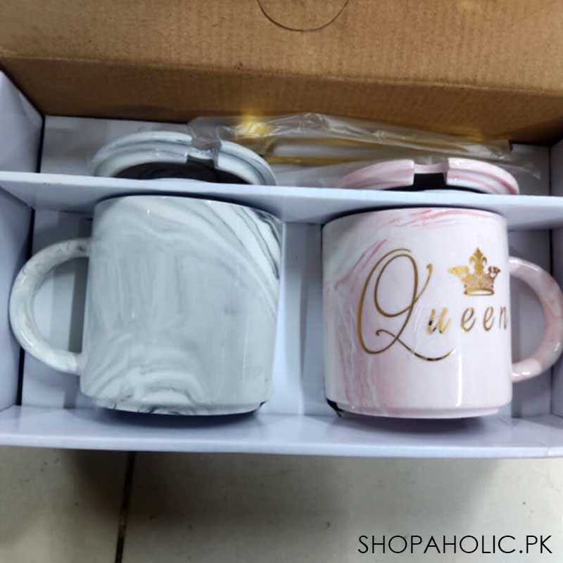 (Set of 2) King and Queen Ceramic Marble Pattern Mug with Lid Spoon