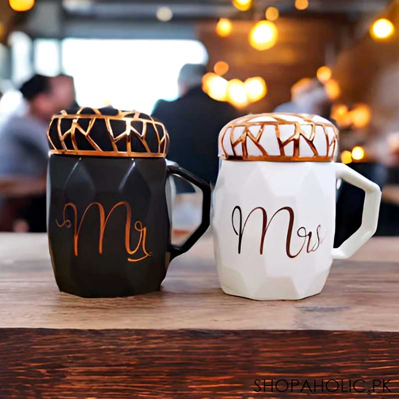 (Set of 2) Mr. and Mrs. Marble Ceramic Couple Mug Set with Lid