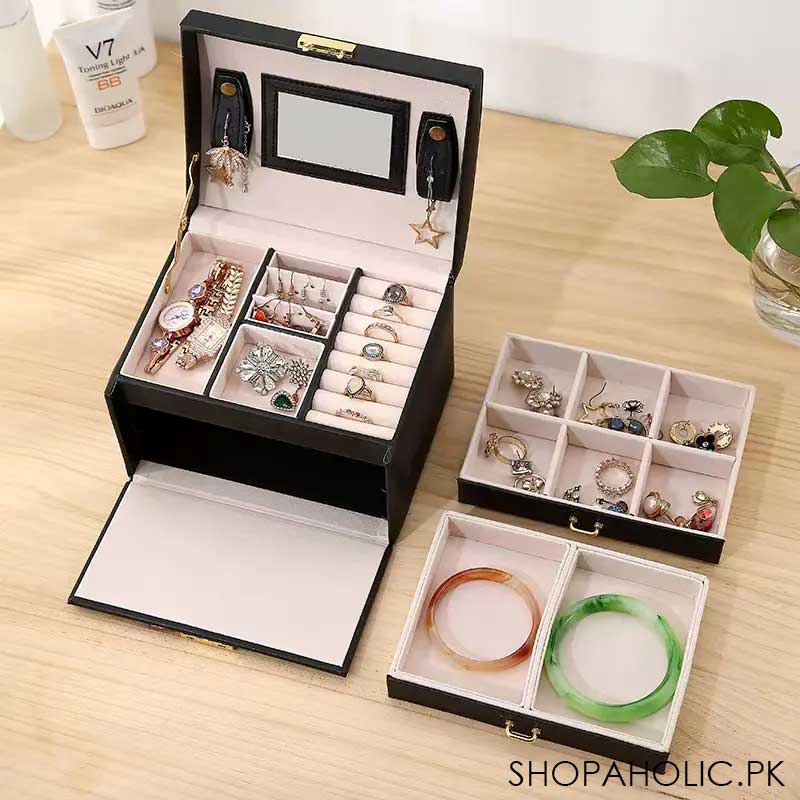 Luxurious 3 Layers Leather Jewelry Organizer with Mirror and Lock