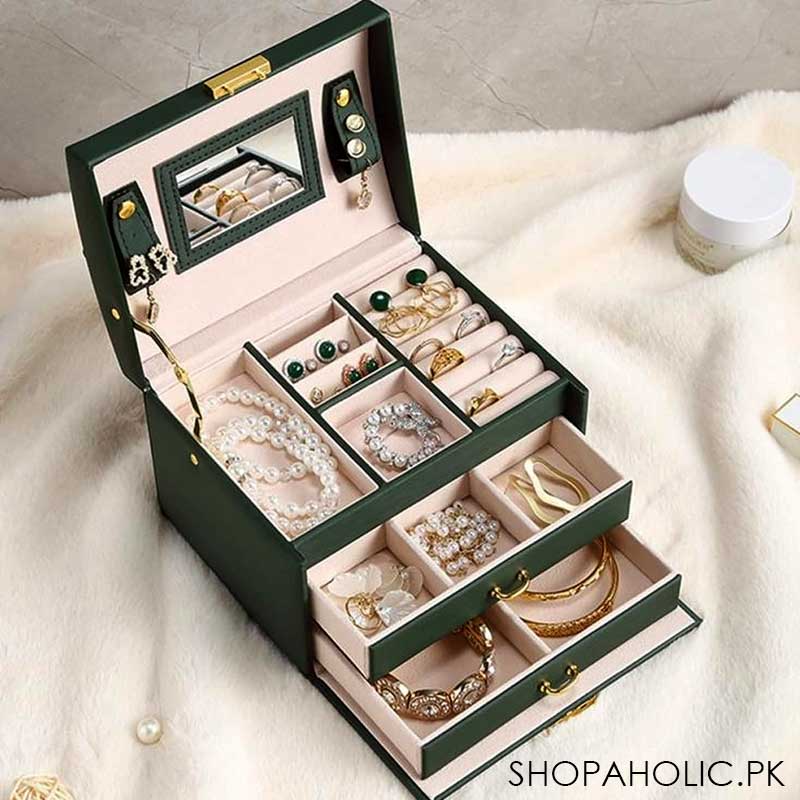 Luxurious 3 Layers Leather Jewelry Organizer with Mirror and Lock