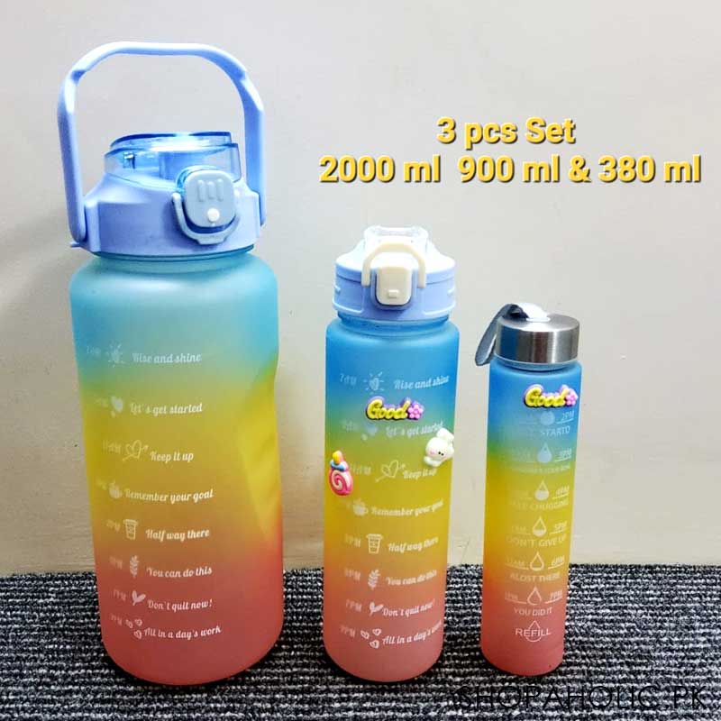 Set of 3 Motivational Sports Water Bottle with Time Marker (2000ml, 900ml & 380ml)