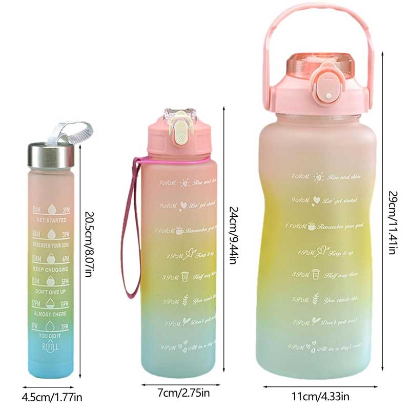 Set of 3 Motivational Sports Water Bottle with Time Marker (2000ml, 900ml & 380ml)