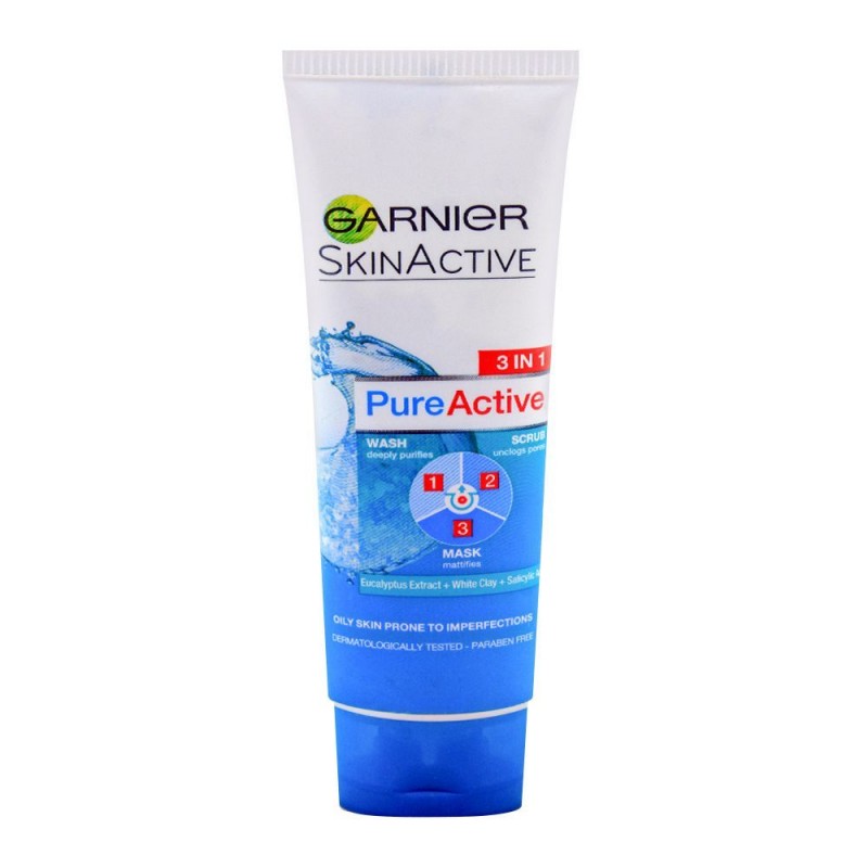 Garnier Skin Active Pure Active 3-in-1 Wash + Scrub +Mask, For Oily Skin, 50ml