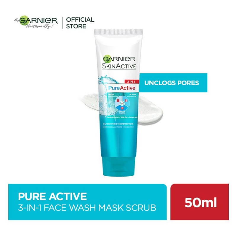 Garnier Skin Active Pure Active 3-in-1 Wash + Scrub +Mask, For Oily Skin, 50ml