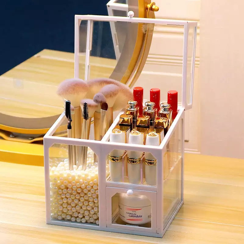 Acrylic Multifunctional Glass Cosmetic Organizer, Makeup Brush Storage Holders Box, Lipstick Eyeline Pencil Holder Beauty Supplies, Vintage Brass Edge Makeup Brush Holder