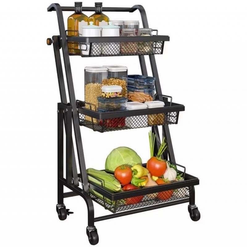 Kitchen Folding Floor Trolley, Mobile Multilayer Snack Draining Storage Rack, 180 Degree Extension Parallel Trolley